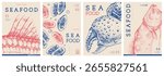 Set of modern magazine covers or posters with mussels, crab claw and flatfish. Restaurant seafood menu design. Vector illustration