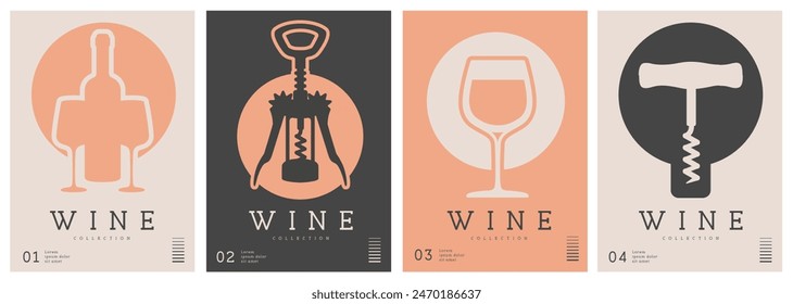 Conjunto de portadas de revistas modernas o carteles con botellas de vino, vasos y sacacorchos. Diseño de menú de restaurante. Ilustración vectorial