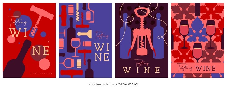 Conjunto de portadas de revistas modernas o carteles con botellas de vino y vasos. Diseño de menú plano abstracto del restaurante. Cata de vinos. Ilustración vectorial