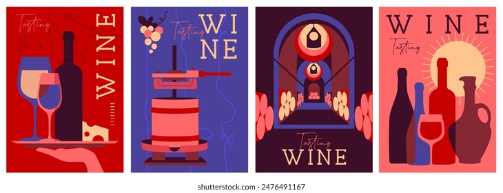 Set of modern magazine covers or posters with wine bottles and glasses. Restaurant abstract flat menu design. Wine tasting. Vector illustration