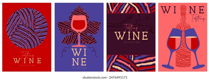 Set of modern magazine covers or posters with wine bottles and glasses. Restaurant abstract flat menu design. Wine tasting. Vector illustration