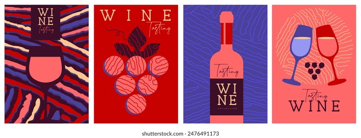 Set of modern magazine covers or posters with wine bottles and glasses. Restaurant abstract flat menu design. Wine tasting. Vector illustration