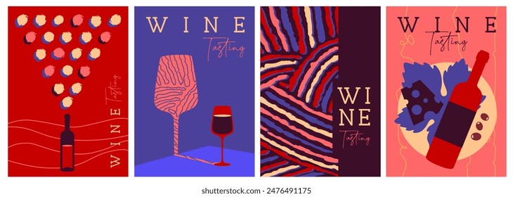 Set of modern magazine covers or posters with wine bottles and glasses. Restaurant abstract flat menu design. Wine tasting. Vector illustration