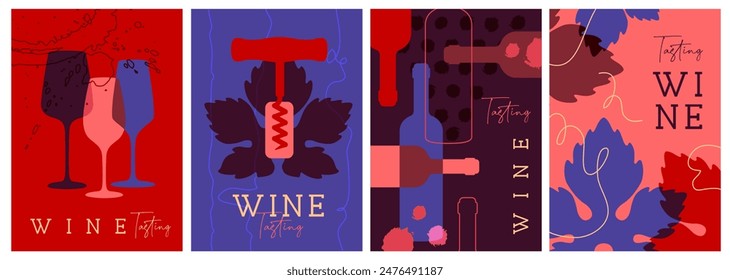 Set of modern magazine covers or posters with wine bottles and glasses. Restaurant abstract flat menu design. Wine tasting. Vector illustration