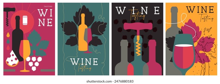 Set of modern magazine covers or posters with wine bottles and glasses. Restaurant abstract flat menu design. Wine tasting. Vector illustration