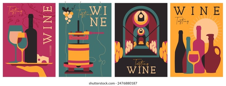 Set of modern magazine covers or posters with wine bottles and glasses. Restaurant abstract flat menu design. Wine tasting. Vector illustration