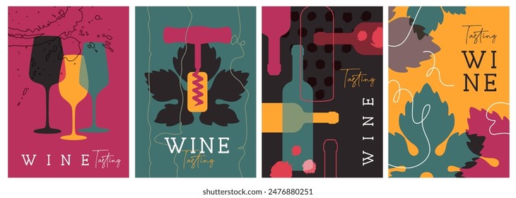 Set of modern magazine covers or posters with wine bottles and glasses. Restaurant abstract flat menu design. Wine tasting. Vector illustration