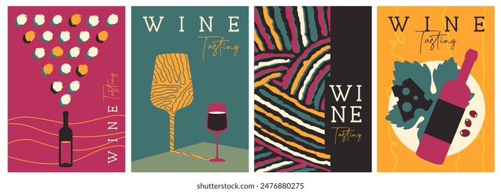 Set of modern magazine covers or posters with wine bottles and glasses. Restaurant abstract flat menu design. Wine tasting. Vector illustration