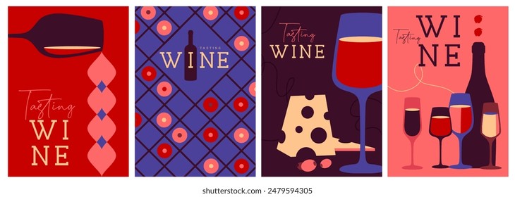 Conjunto de portadas de revistas modernas o carteles con botellas de vino y vasos. Diseño de menú de restaurante. Ilustración vectorial