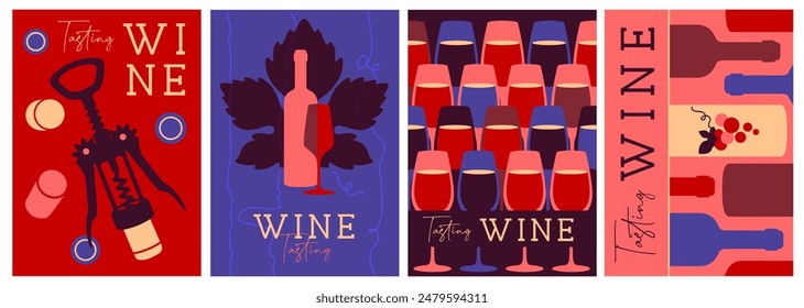 Set of modern magazine covers or posters with wine bottles and glasses. Restaurant menu design. Vector illustration