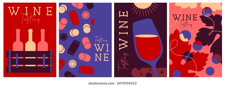 Set of modern magazine covers or posters with wine bottles and glasses. Restaurant menu design. Vector illustration