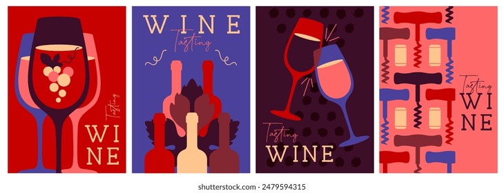 Set of modern magazine covers or posters with wine bottles and glasses. Restaurant menu design. Vector illustration