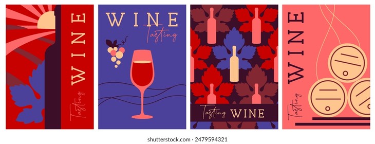 Conjunto de portadas de revistas modernas o carteles con botellas de vino y vasos. Diseño de menú de restaurante. Ilustración vectorial