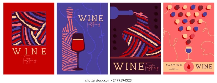 Set of modern magazine covers or posters with wine bottles, glasses and abstract texture. Restaurant menu design. Vector illustration