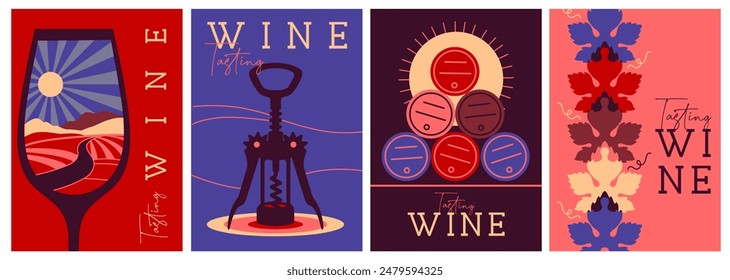 Set of modern magazine covers or posters with wine glass, corkscrew and barrels. Restaurant menu design. Vector illustration