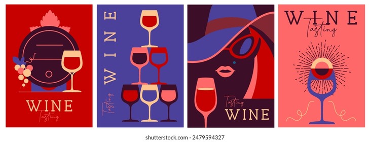 Conjunto de portadas de revistas modernas o carteles con botellas de vino y vasos. Diseño de menú de restaurante. Ilustración vectorial