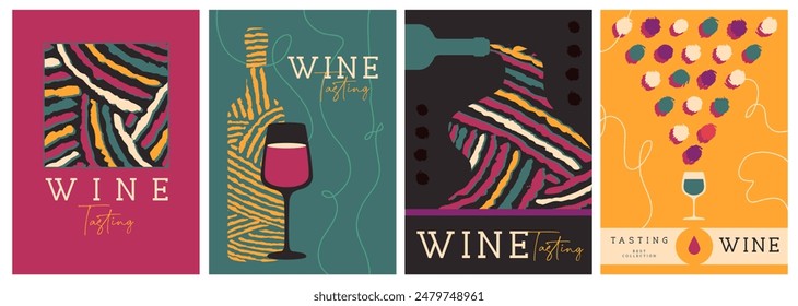 Set of modern magazine covers or posters with wine bottles, glasses and abstract texture. Restaurant menu design. Vector illustration