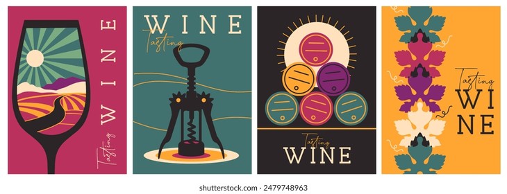 Set of modern magazine covers or posters with wine glass, corkscrew and barrels. Restaurant menu design. Vector illustration