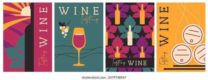 Conjunto de portadas de revistas modernas o carteles con botellas de vino y vasos. Diseño de menú de restaurante. Ilustración vectorial