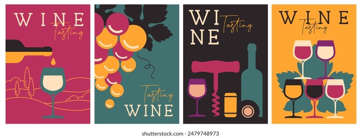 Set of modern magazine covers or posters with wine bottles and glasses. Restaurant menu design. Vector illustration