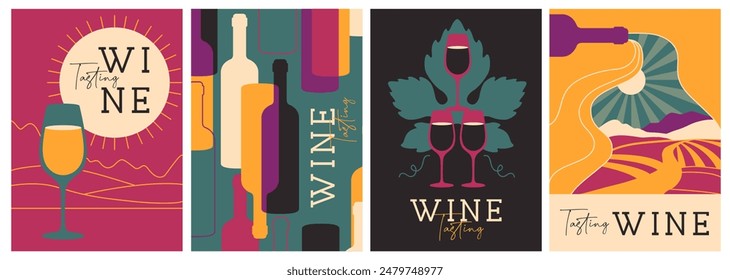 Set of modern magazine covers or posters with wine bottles and glasses. Restaurant menu design. Vector illustration