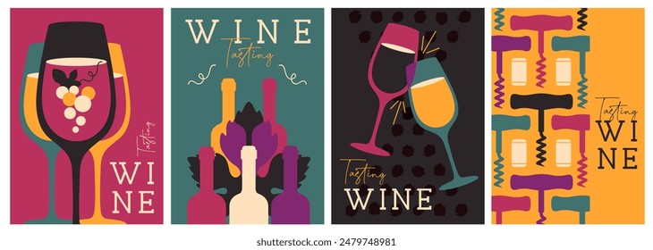 Conjunto de portadas de revistas modernas o carteles con botellas de vino y vasos. Diseño de menú de restaurante. Ilustración vectorial