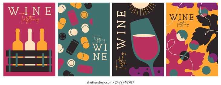 Conjunto de portadas de revistas modernas o carteles con botellas de vino y vasos. Diseño de menú de restaurante. Ilustración vectorial