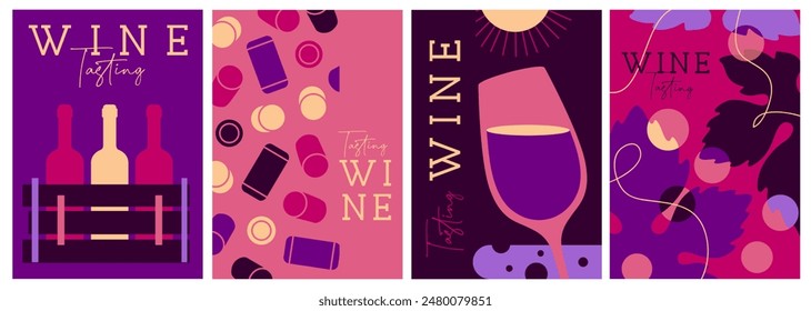 Conjunto de portadas de revistas modernas o carteles con botellas de vino y vasos. Diseño de menú de restaurante. Ilustración vectorial