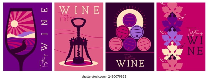 Set of modern magazine covers or posters with wine glass, corkscrew and barrels. Restaurant menu design. Vector illustration