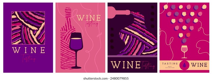 Set of modern magazine covers or posters with wine bottles, glasses and abstract texture. Restaurant menu design. Vector illustration