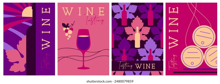 Set of modern magazine covers or posters with wine bottles and glasses. Restaurant menu design. Vector illustration