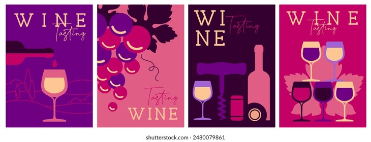Set of modern magazine covers or posters with wine bottles and glasses. Restaurant menu design. Vector illustration