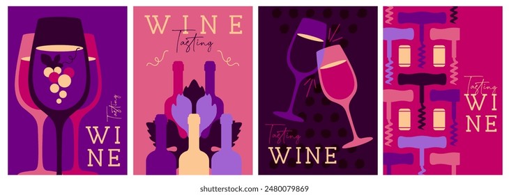 Conjunto de portadas de revistas modernas o carteles con botellas de vino y vasos. Diseño de menú de restaurante. Ilustración vectorial