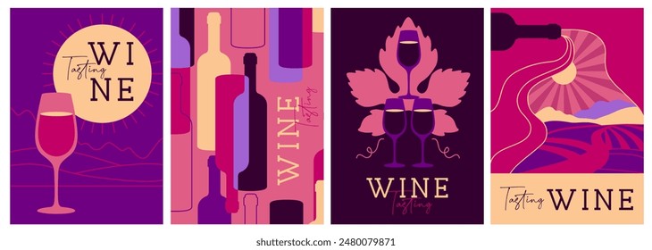 Set of modern magazine covers or posters with wine bottles and glasses. Restaurant menu design. Vector illustration