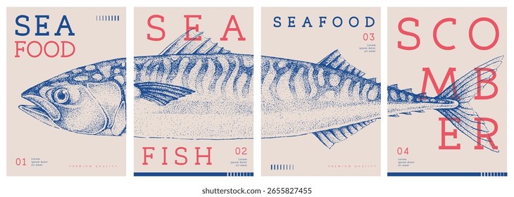 Conjunto de portadas de revistas modernas o carteles con peces scomber. Diseño de menú de mariscos de restaurante. Ilustración vectorial