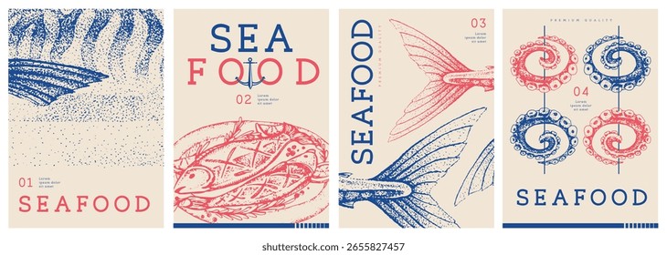 Set of modern magazine covers or posters with fried fish, scomber and octopus. Restaurant seafood menu design. Vector illustration