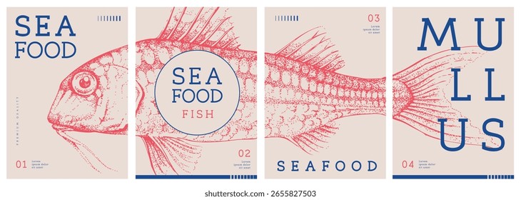 Conjunto de capas de revistas modernas ou cartazes com peixes mullus. Design de menu de frutos do mar de restaurante. Ilustração vetorial