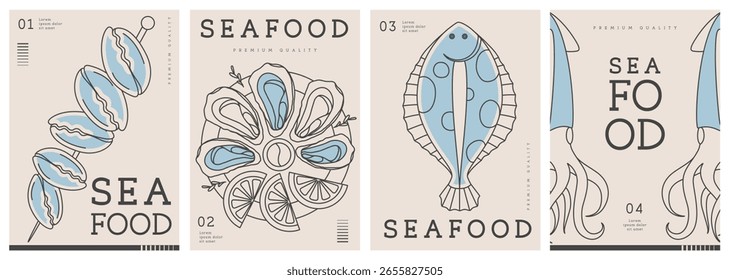 Conjunto de portadas de revistas modernas o carteles con arte de línea de mariscos. Diseño de menú de mariscos de restaurante. Ilustración vectorial