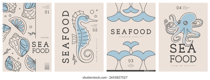 Conjunto de portadas de revistas modernas o carteles con arte de línea de mariscos. Diseño de menú de mariscos de restaurante. Ilustración vectorial
