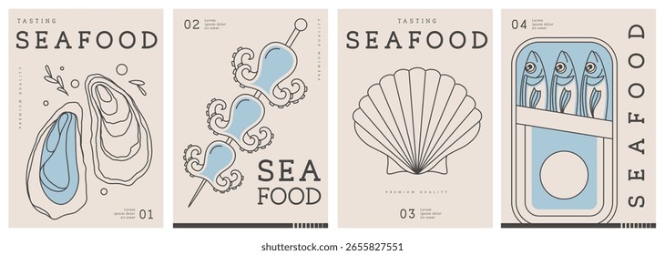 Set of modern magazine covers or posters with line art seafood. Restaurant seafood menu design. Vector illustration