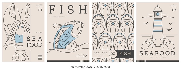 Conjunto de portadas de revistas modernas o carteles con arte de línea de mariscos. Diseño de menú de mariscos de restaurante. Ilustración vectorial