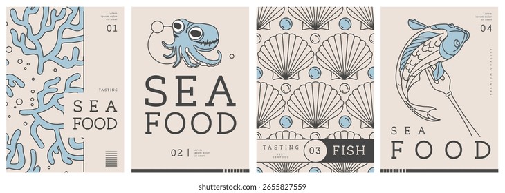 Conjunto de portadas de revistas modernas o carteles con arte de línea de mariscos. Diseño de menú de mariscos de restaurante. Ilustración vectorial