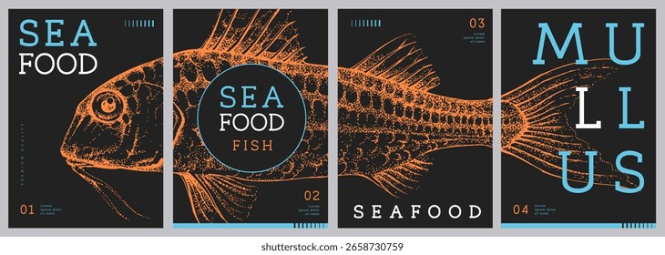 Set aus modernen Zeitschriftencovern oder Plakaten mit Mullus Fisch. Restaurant Meeresfrüchte-Menü-Design. Vektorgrafik