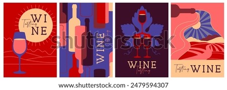 Set of modern magazine covers or posters with wine bottles and glasses. Restaurant menu design. Vector illustration