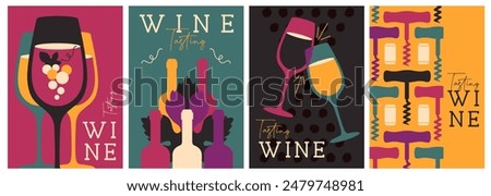 Set of modern magazine covers or posters with wine bottles and glasses. Restaurant menu design. Vector illustration