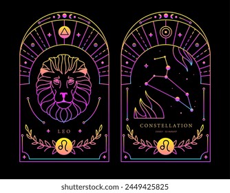 Set of Modern magic fluorescent witchcraft cards with astrology Leo zodiac sign characteristic. Vector illustration