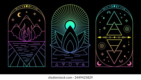 Set of Modern magic fluorescent witchcraft cards with Four elements and lotus. Line art occult vector illustration