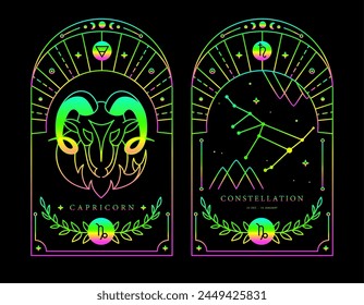 Set of Modern magic fluorescent witchcraft cards with astrology Capricorn zodiac sign characteristic. Vector illustration