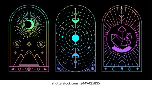 Set of Modern magic fluorescent witchcraft cards with sun and moon. Line art occult vector illustration