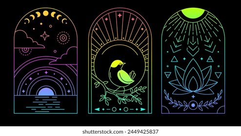 Set of Modern magic fluorescent witchcraft cards with bird, sun, moon and lotus. Line art occult vector illustration